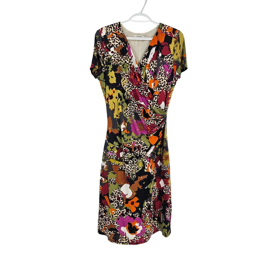 Max Mara Dress Multicolor Floral Animal Print Short Sleeve Faux Wrap Jersey Sz 8